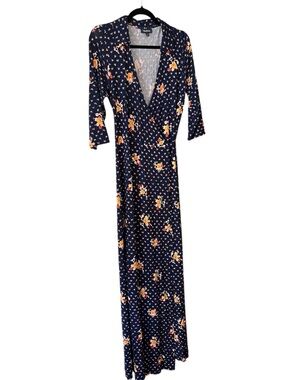 Modcloth Navy Floral Wrap Maxi Dress with Orange Accents
